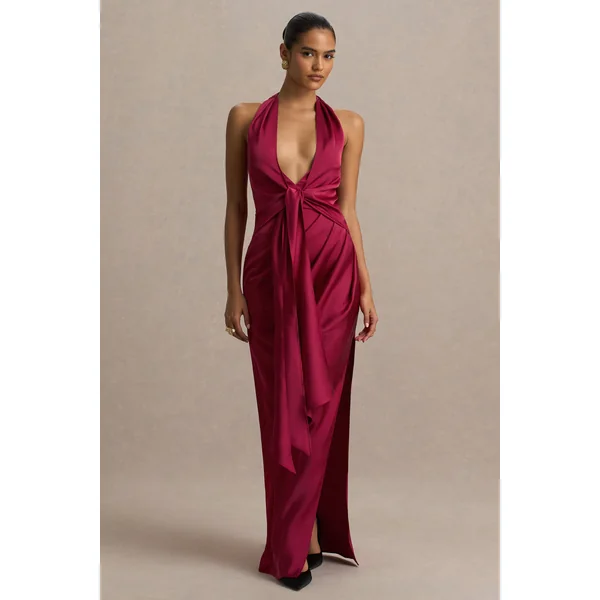 Lynette | Robe longue asymétrique bordeaux en satin à encolure plongeante