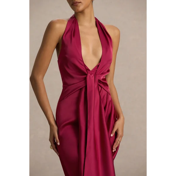 Lynette | Robe longue asymétrique bordeaux en satin à encolure plongeante