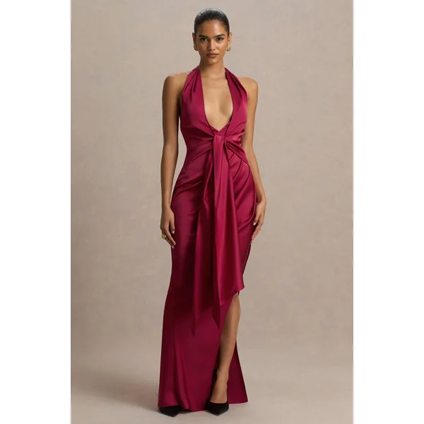 Lynette | Robe longue asymétrique bordeaux en satin à encolure plongeante
