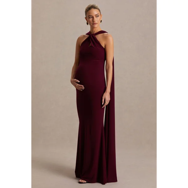 Lyra | Robe bordeaux longue à encolure dos nu croisée avec cape