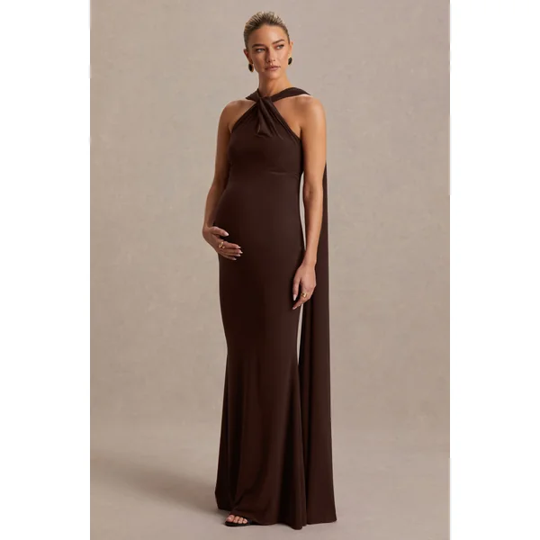 Lyra | Robe longue de maternité marron à décolleté dos nu croisé avec cape