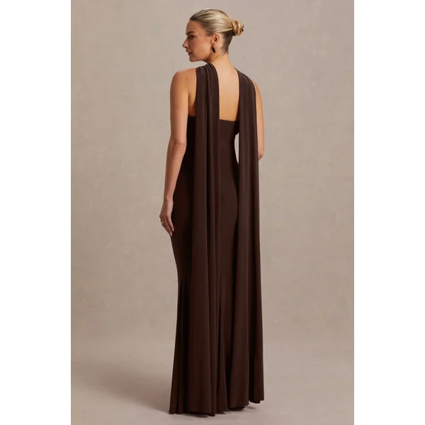 Lyra | Robe longue de maternité marron à décolleté dos nu croisé avec cape