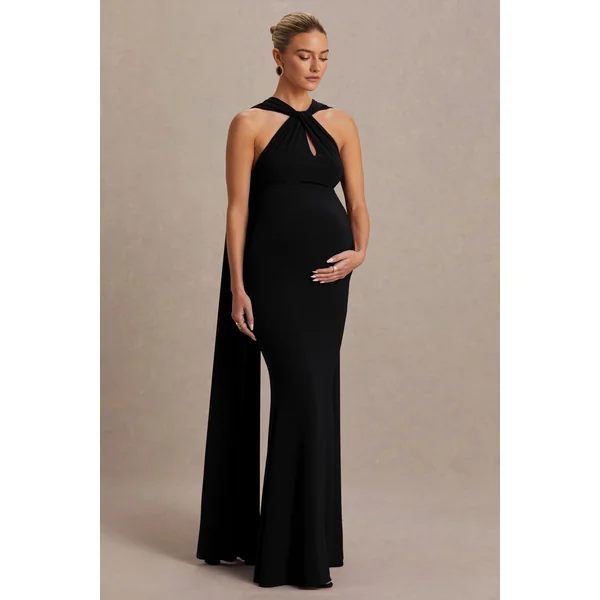Lyra | Robe longue noire à encolure américaine croisée avec cape