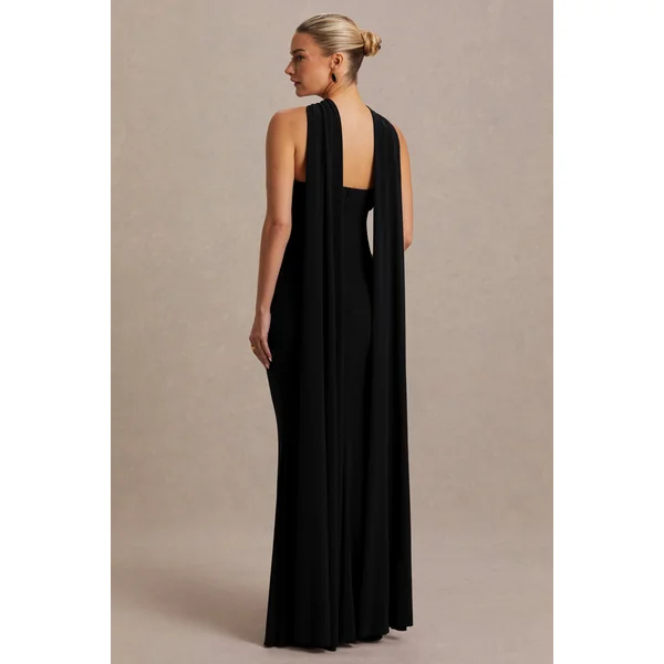 Lyra | Robe longue noire à encolure américaine croisée avec cape