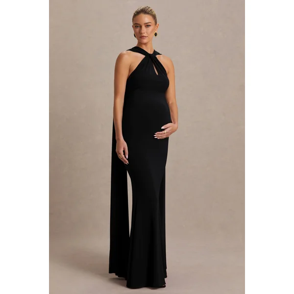 Lyra | Robe longue noire à encolure américaine croisée avec cape