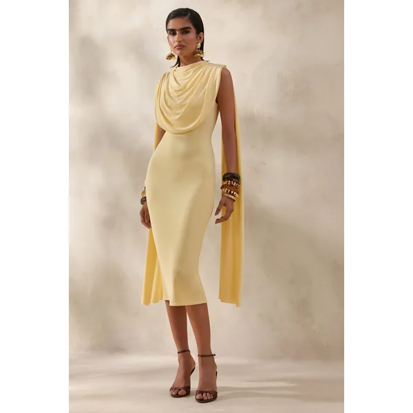 Lysandria | Robe mi-longue citron à encolure haute avec détails drapés