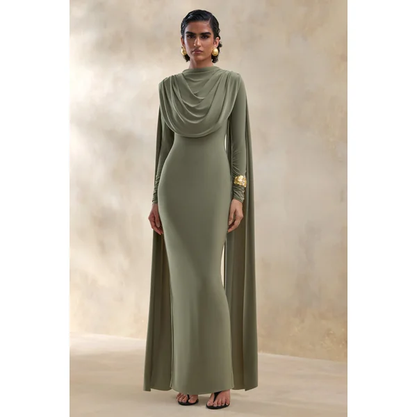 Lysoria | Robe longue olive à encolure haute avec détails drapés et manches cape