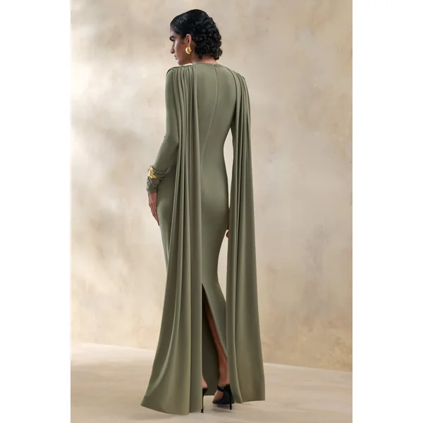 Lysoria | Robe longue olive à encolure haute avec détails drapés et manches cape
