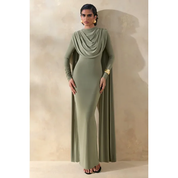 Lysoria | Robe longue olive à encolure haute avec détails drapés et manches cape