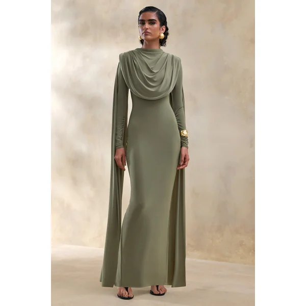 Lysoria | Robe longue olive à encolure haute avec détails drapés et manches cape