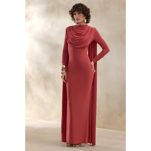 Lysoria | Robe longue rouille à encolure haute avec détails drapés et manches cape