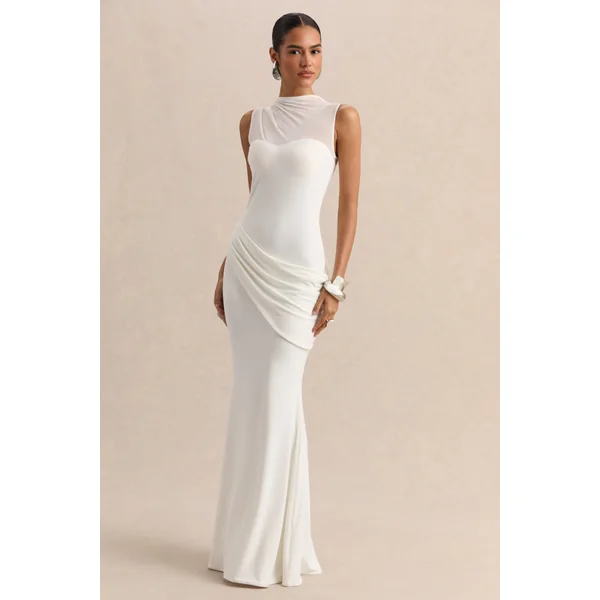 Lyssy | Robe longue blanche à encolure haute avec détail en mesh