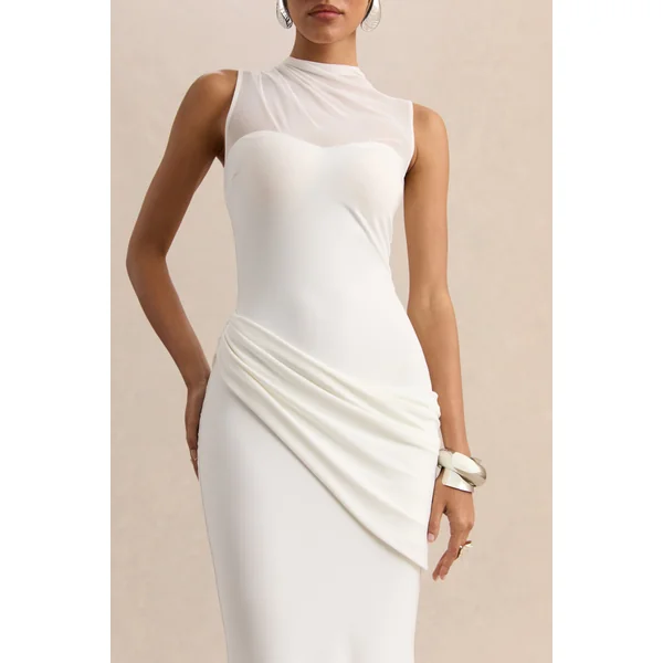 Lyssy | Robe longue blanche à encolure haute avec détail en mesh