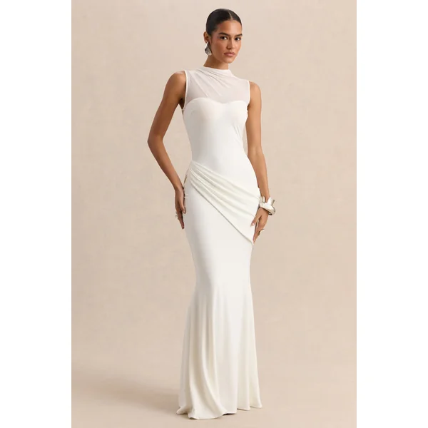 Lyssy | Robe longue blanche à encolure haute avec détail en mesh