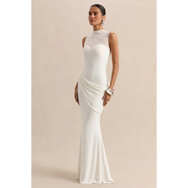 Lyssy | Robe longue blanche à encolure haute avec détail en mesh