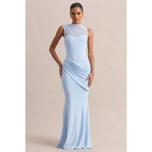 Lyssy | Robe longue bleu poudré à encolure haute avec détail en mesh
