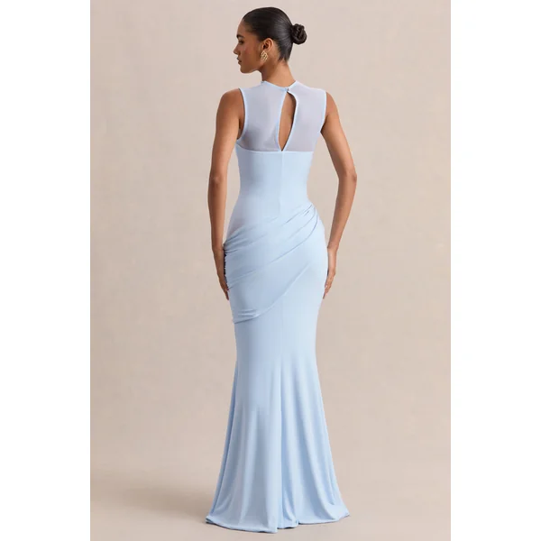 Lyssy | Robe longue bleu poudré à encolure haute avec détail en mesh