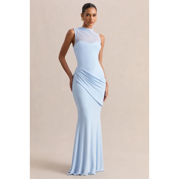 Lyssy | Robe longue bleu poudré à encolure haute avec détail en mesh