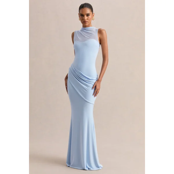 Lyssy | Robe longue bleu poudré à encolure haute avec détail en mesh
