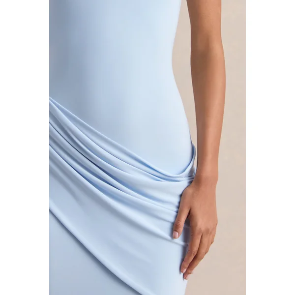 Lyssy | Robe longue bleu poudré à encolure haute avec détail en mesh