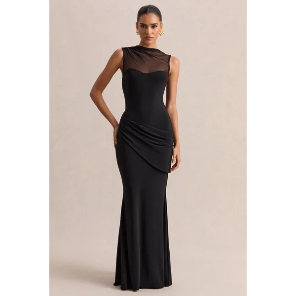 Lyssy | Robe longue noire à encolure haute avec détail en mesh