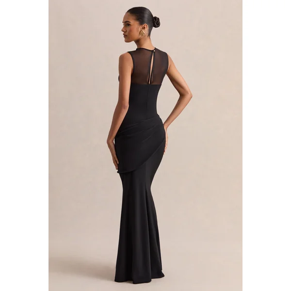 Lyssy | Robe longue noire à encolure haute avec détail en mesh