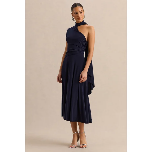 Lythara | Robe mi-longue bleu marine à encolure asymétrique avec détail d’écharpe