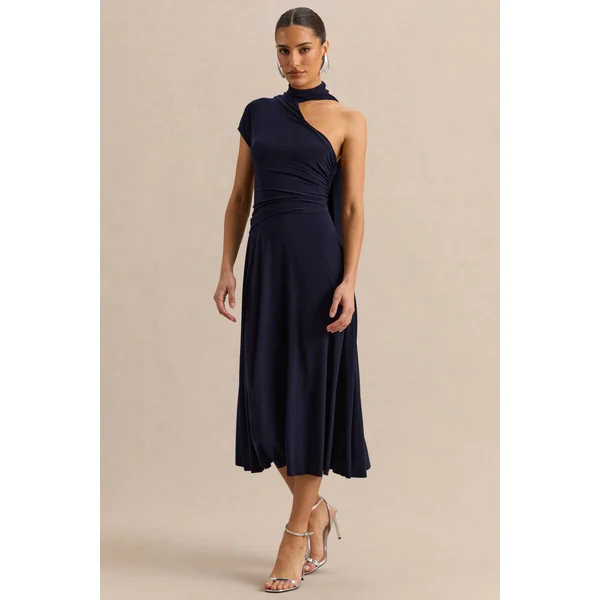 Lythara | Robe mi-longue bleu marine à encolure asymétrique avec détail d’écharpe