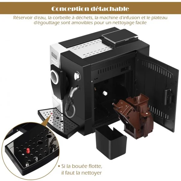 Machine à Café Automatique 1200W pour 2 Tasses Température Réglable en Acier Unoxydable, 47,5x37x27cm, Noir et Argent