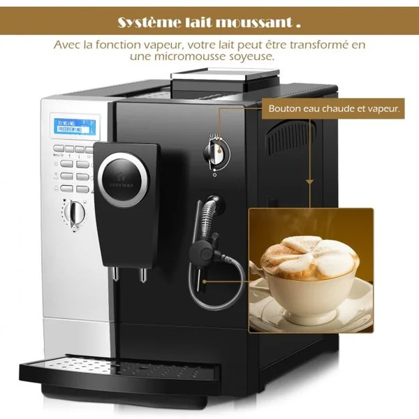 Machine à Café Automatique 1200W pour 2 Tasses Température Réglable en Acier Unoxydable, 47,5x37x27cm, Noir et Argent