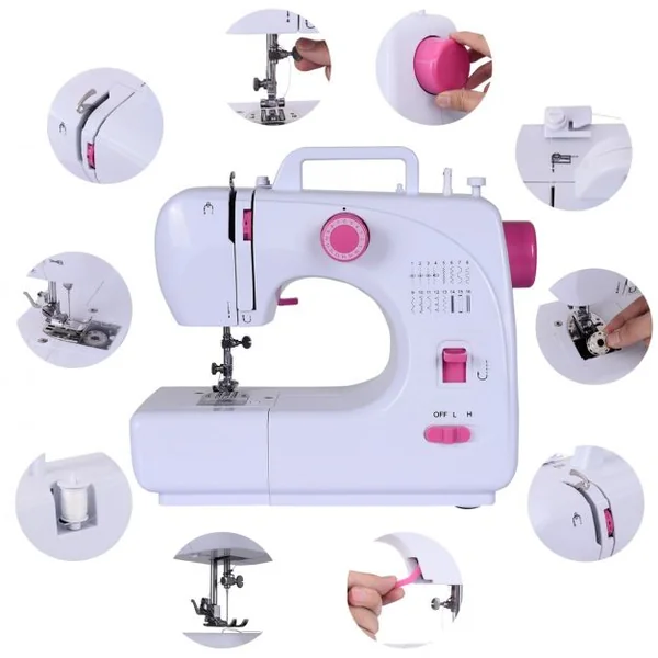 Machine à Coudre Électrique 16 Points Lumière Intégré 2 Vitesses Pédale Adaptateur Kit de Couture Coloré Blanc+Rose