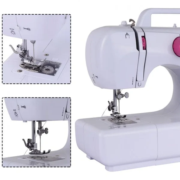 Machine à Coudre Électrique 16 Points Lumière Intégré 2 Vitesses Pédale Adaptateur Kit de Couture Coloré Blanc+Rose