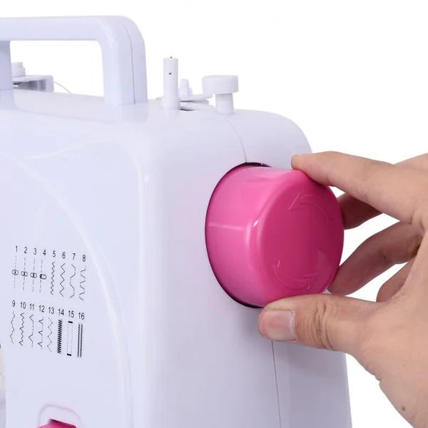 Machine à Coudre Électrique 16 Points Lumière Intégré 2 Vitesses Pédale Adaptateur Kit de Couture Coloré Blanc+Rose