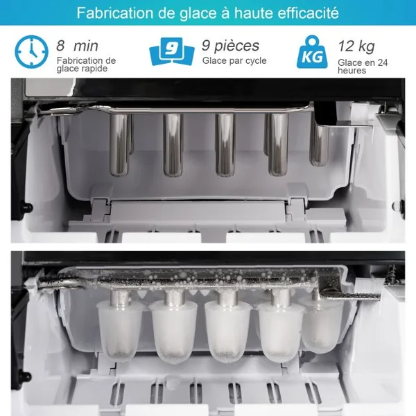 Machine à Glaçons 12KG/24H Portable 9 Glaçons par 8 Min avec Réservoir 1,85L Affichage-LCD 105W