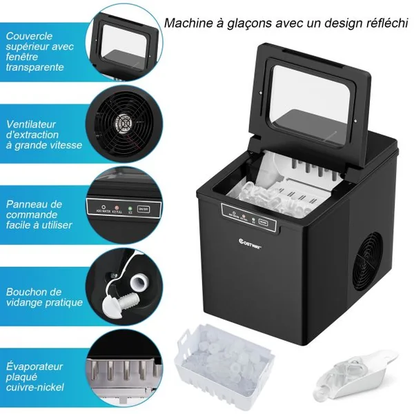 Machine à Glaçons 12KG/24H Portable 9 Glaçons par 8 Min avec Réservoir 1,85L Affichage-LCD 105W