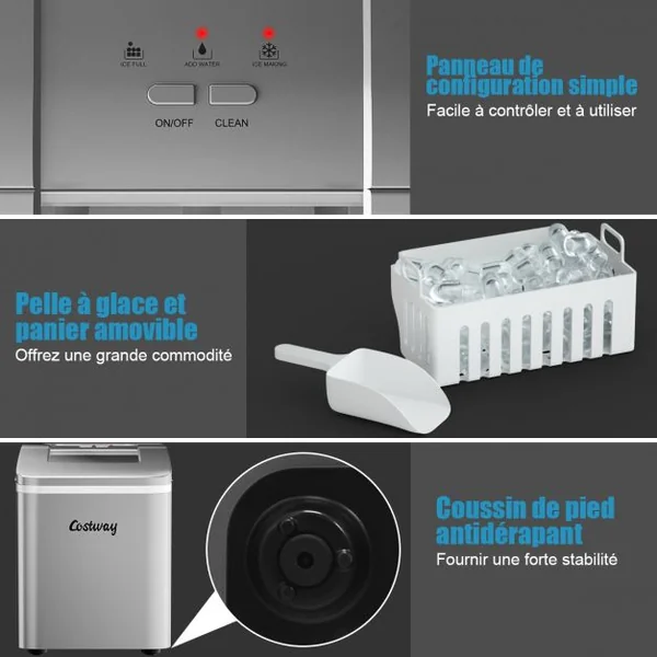 Machine à Glaçons 12KG /24H Portable 9 Glaçons par 8 Min avec Réservoir 1,6L Auto-Nettoyage Affichage-LCD 120W Argenté