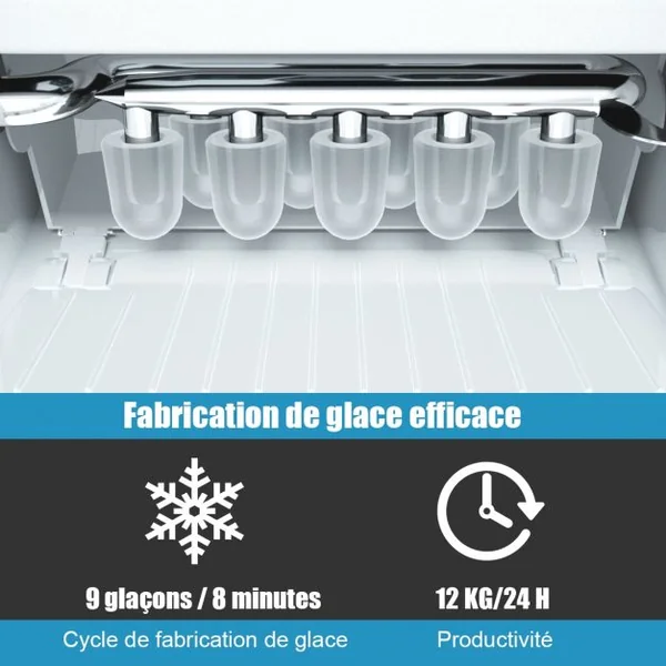 Machine à Glaçons 12KG /24H Portable 9 Glaçons par 8 Min avec Réservoir 1,6L Auto-Nettoyage Affichage-LCD 120W Argenté