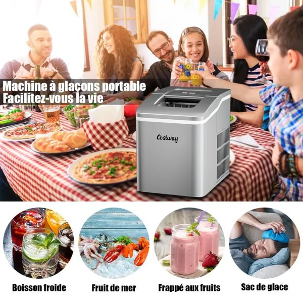 Machine à Glaçons 12KG /24H Portable 9 Glaçons par 8 Min avec Réservoir 1,6L Auto-Nettoyage Affichage-LCD 120W Argenté