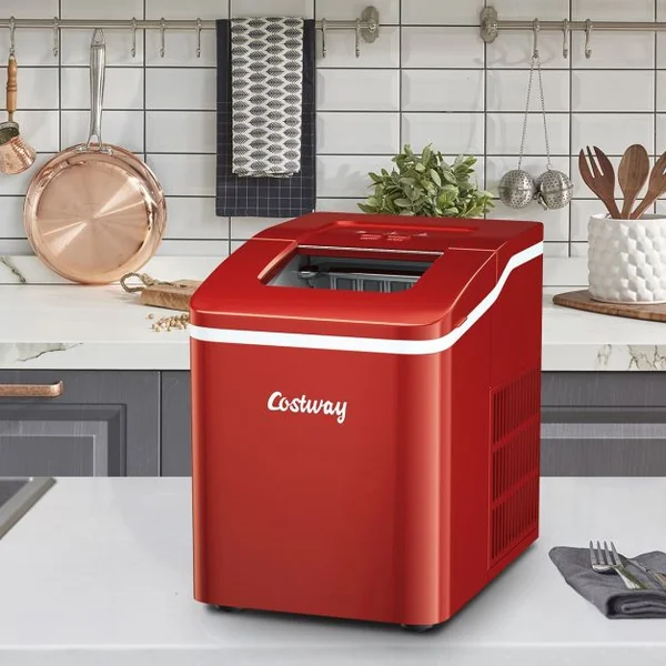 Machine à Glaçons 12KG /24H Portable 9 Glaçons par 8 Min avec Réservoir 1,6L Auto-Nettoyage Affichage-LCD 120W Rouge