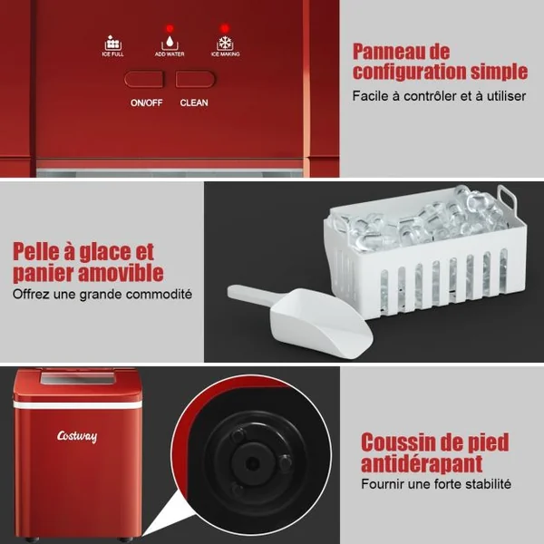 Machine à Glaçons 12KG /24H Portable 9 Glaçons par 8 Min avec Réservoir 1,6L Auto-Nettoyage Affichage-LCD 120W Rouge