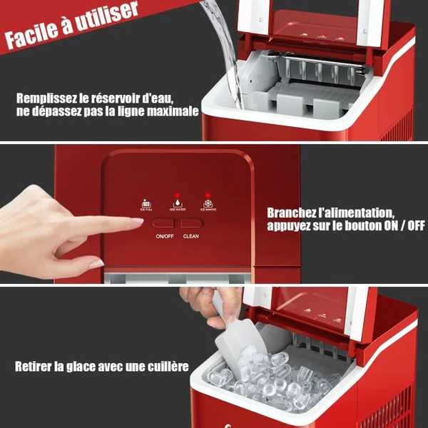 Machine à Glaçons 12KG /24H Portable 9 Glaçons par 8 Min avec Réservoir 1,6L Auto-Nettoyage Affichage-LCD 120W Rouge