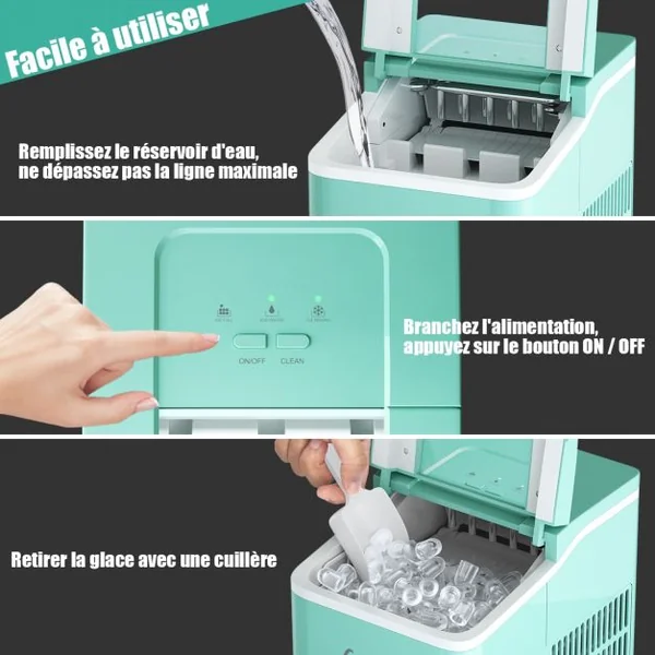 Machine à Glaçons 12KG /24H Portable 9 Glaçons par 8 Min avec Réservoir 1,6L Auto-Nettoyage Affichage-LCD 120W Vert