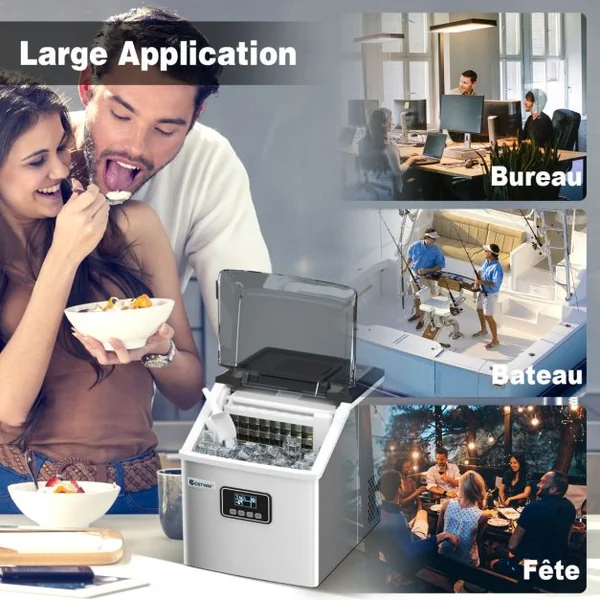 Machine à Glaçons Automatique 22kg/24h Acier Inoxydable Cuillère à Glace Fonction d'Auto-Nettoyage Écran Lcd Fonction Minuterie Pour Cuisine Argent