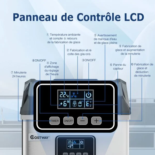 Machine à Glaçons Automatique 22kg/24h Acier Inoxydable Cuillère à Glace Fonction d'Auto-Nettoyage Écran Lcd Fonction Minuterie Pour Cuisine Argent