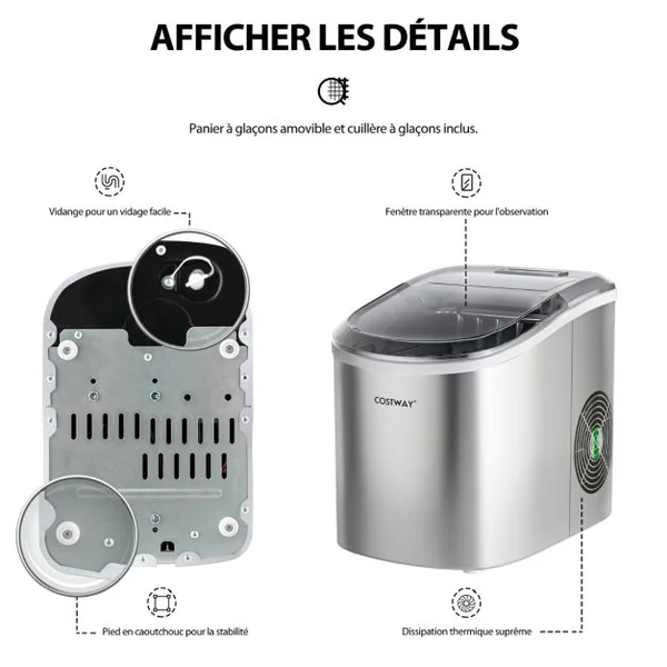 Machine à Glaçons Portable 12 kg/24H 2 Formats de Glaçons 6-13 Minutes Réservoir d'Eau 2,2 L avec Pelle Panier Amovible Argenté