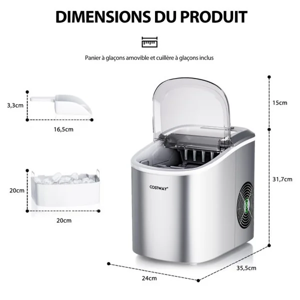 Machine à Glaçons Portable 12 kg/24H 2 Formats de Glaçons 6-13 Minutes Réservoir d'Eau 2,2 L avec Pelle Panier Amovible Argenté