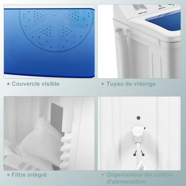Machine à Laver à Double Cuve avec Lavage 5 KG Essorage 3 KG avec Tuyau de Vidange Cycle d'Essorage Contrôle du Temps Blanc