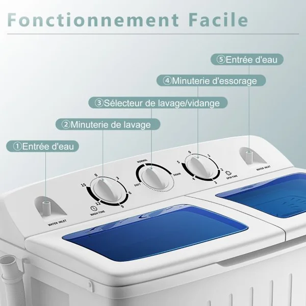 Machine à Laver à Double Cuve avec Lavage 5 KG Essorage 3 KG avec Tuyau de Vidange Cycle d'Essorage Contrôle du Temps Blanc