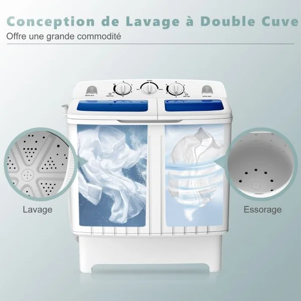 Machine à Laver à Double Cuve avec Lavage 5 KG Essorage 3 KG avec Tuyau de Vidange Cycle d'Essorage Contrôle du Temps Blanc