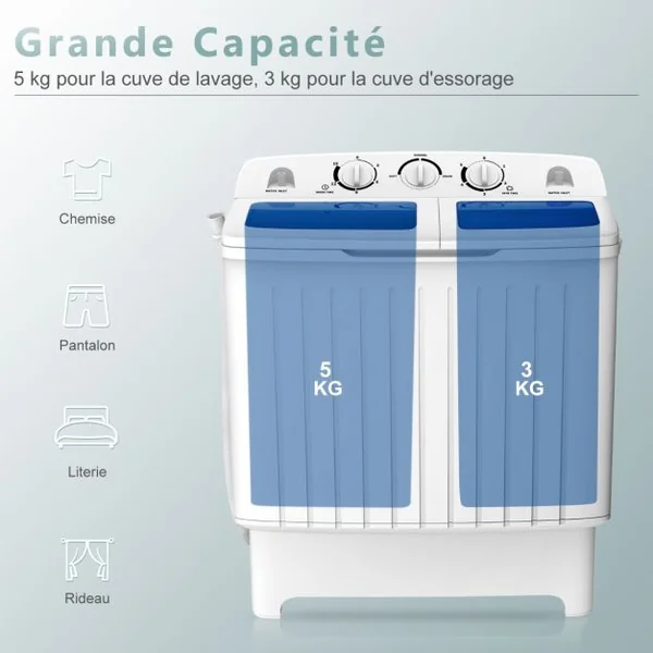 Machine à Laver à Double Cuve avec Lavage 5 KG Essorage 3 KG avec Tuyau de Vidange Cycle d'Essorage Contrôle du Temps Blanc